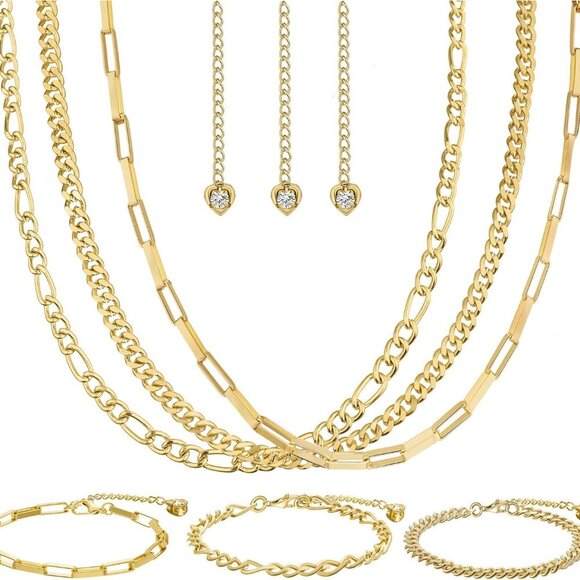 14K Gold Layered Link Chain Necklace Bracelet set for Women Gold Chain Choker Ne - Picture 1 of 6